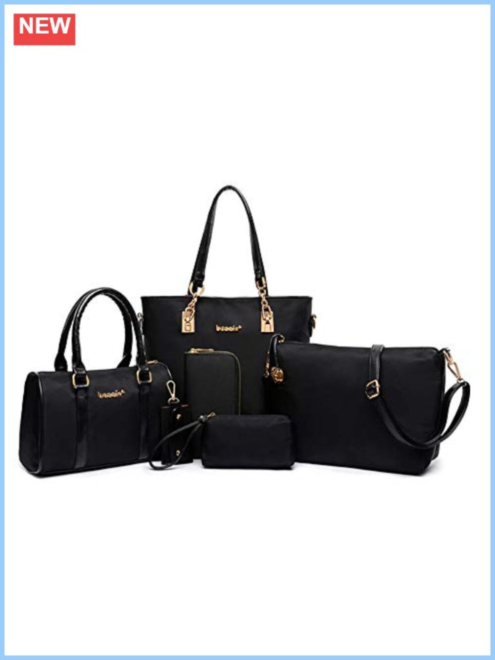 Nylon 6 Pc Women Handbag Set Tote Shoulder Bag Wallet Key Case